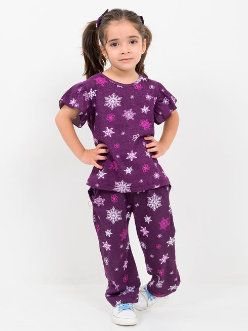 Frill Sleeves Purple Flurry Cotton Trouser Set (Purple)