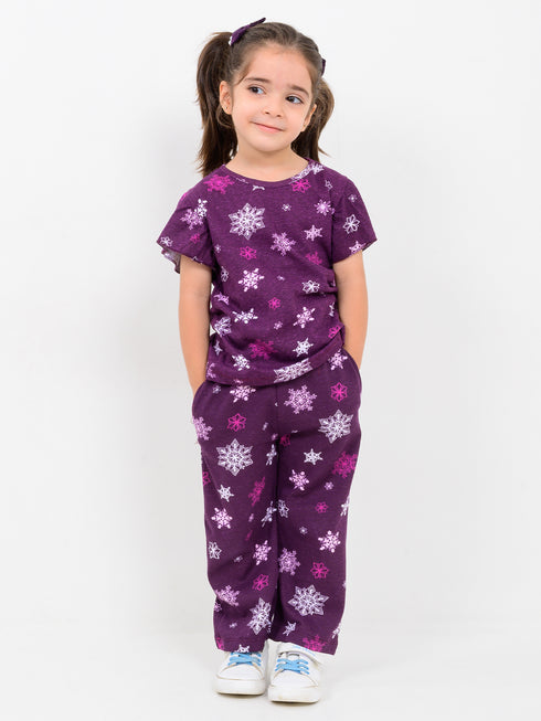 Frill Sleeves Purple Flurry Cotton Trouser Set (Purple)