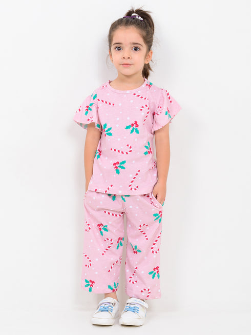 Frill Sleeves Holly Jolly Cotton Trouser Set (Candy Pink)