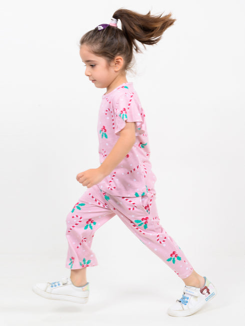 Frill Sleeves Holly Jolly Cotton Trouser Set (Candy Pink)