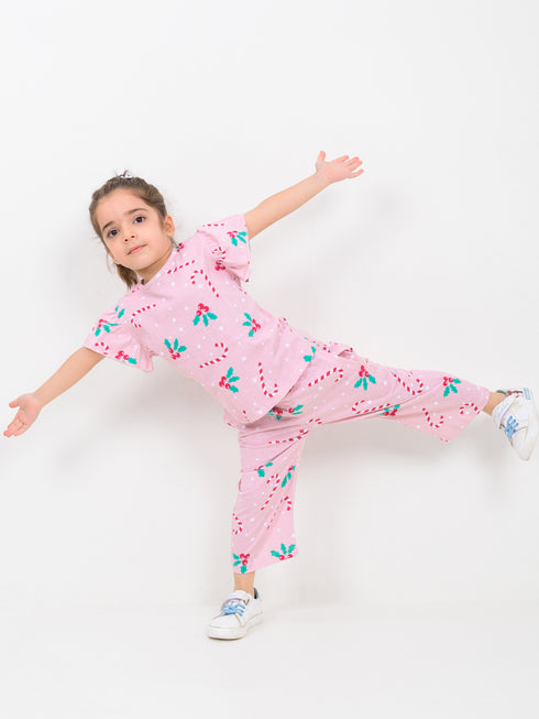 Frill Sleeves Holly Jolly Cotton Trouser Set (Candy Pink)