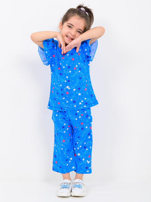 Frill Sleeves Starry Whirl Cotton Trouser Set (Cosmic Blue)