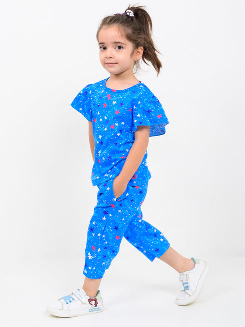 Frill Sleeves Starry Whirl Cotton Trouser Set (Cosmic Blue)