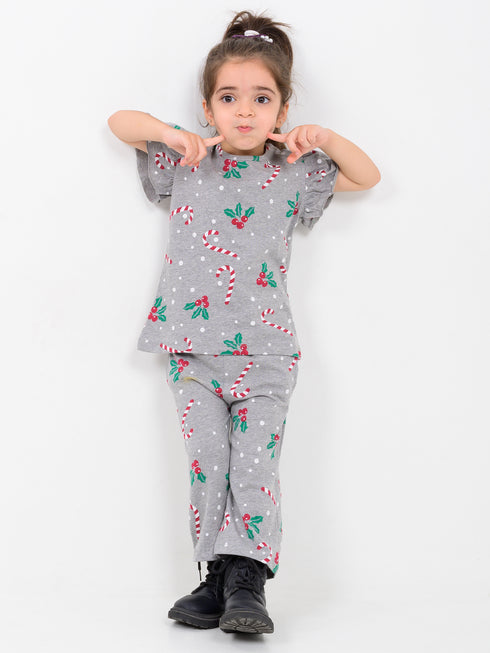 Frill Sleeves Holly Jolly Cotton Trouser Set (Grey)