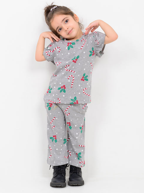 Frill Sleeves Holly Jolly Cotton Trouser Set (Grey)