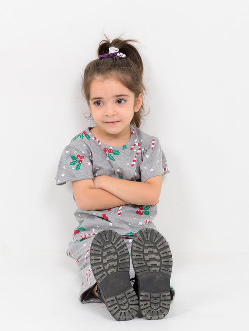 Frill Sleeves Holly Jolly Cotton Trouser Set (Grey)