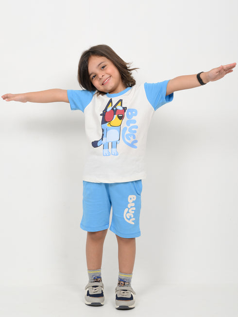 Bluey's Sunny Day Cotton Short Set (Off-White & Sky Blue)