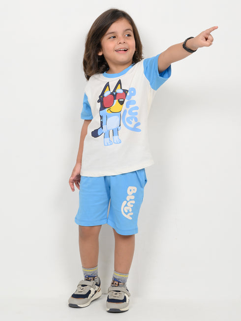 Bluey's Sunny Day Cotton Short Set (Off-White & Sky Blue)