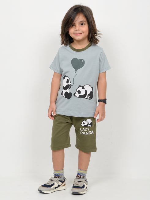 The Lazy Panda Cotton Short Set (Mint & Dark Green)