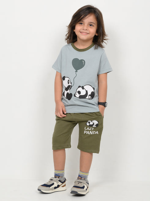 The Lazy Panda Cotton Short Set (Mint & Dark Green)