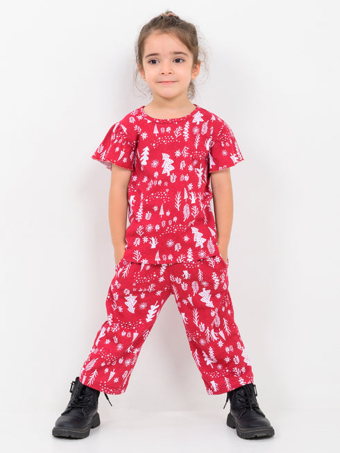 Frill Sleeves Winter Wonder Cotton Trouser Set (Merry Maple)