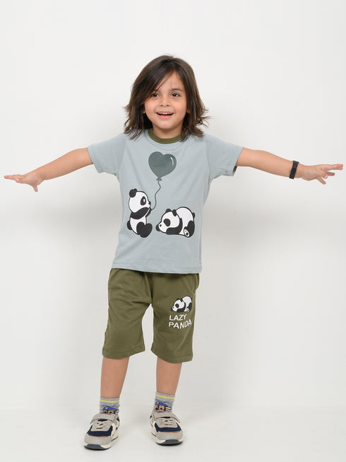 The Lazy Panda Cotton Short Set (Mint & Dark Green)
