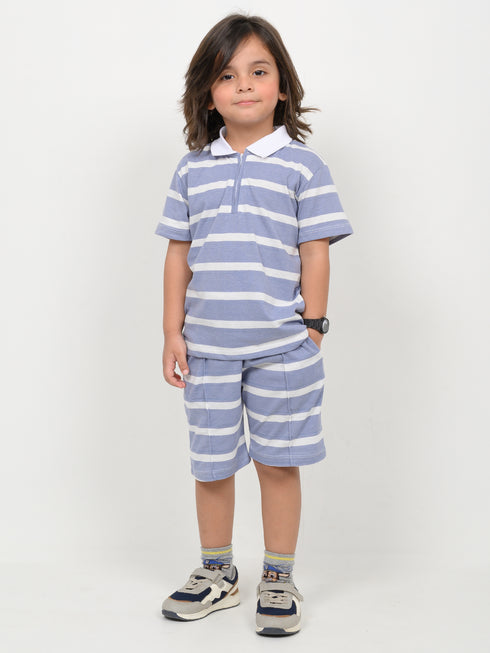 Classic Striped Zip Polo Set (Grey & White)