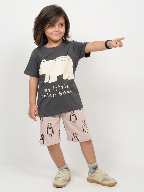 My Little Polar Bear Cotton Short Set (Charcoal Grey & Beige)