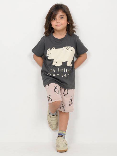 My Little Polar Bear Cotton Short Set (Charcoal Grey & Beige)