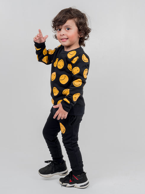 Smiley Allover Printed Fleece Suit (Black)