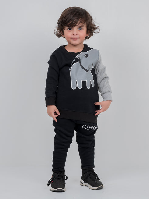 Elephant Printed Fleece Suit (Black)
