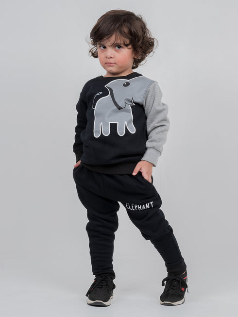 Elephant Printed Fleece Suit (Black)