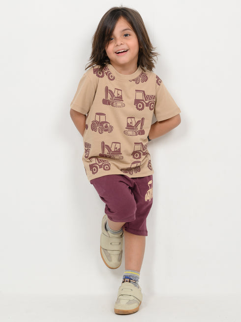 The Master Builder Cotton Short Set (Beige and Dark Purple)