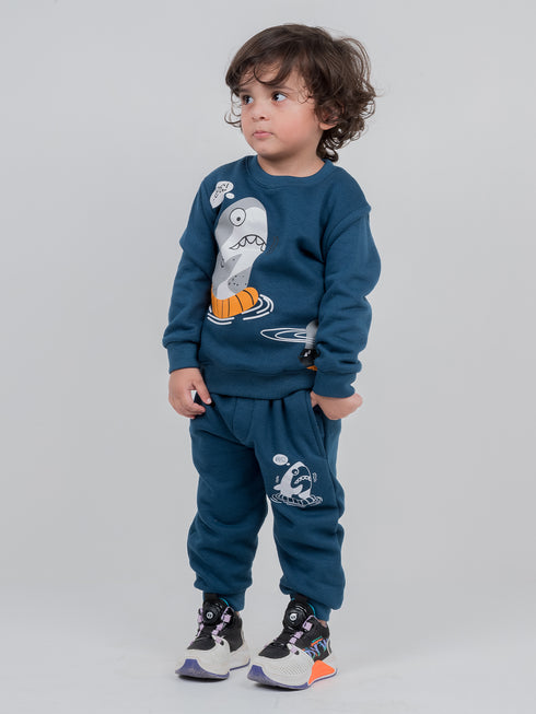 Shivering Shark Printed Fleece Suit (Deep Blue)