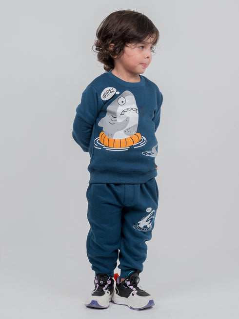 Shivering Shark Printed Fleece Suit (Deep Blue)