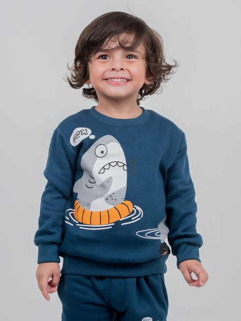 Shivering Shark Printed Fleece Suit (Deep Blue)