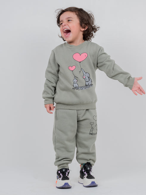 Happy Elephants Fleece Suit (Pewter Green)
