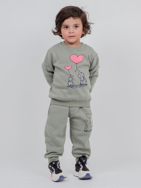 Happy Elephants Fleece Suit (Pewter Green)