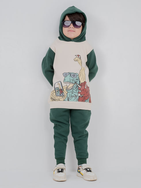Hooded Dino Selfie Fleece Suit (Cream/Dark Green)