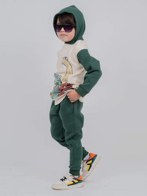 Hooded Dino Selfie Fleece Suit (Cream/Dark Green)
