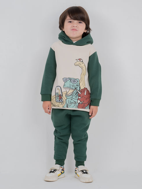 Hooded Dino Selfie Fleece Suit (Cream/Dark Green)