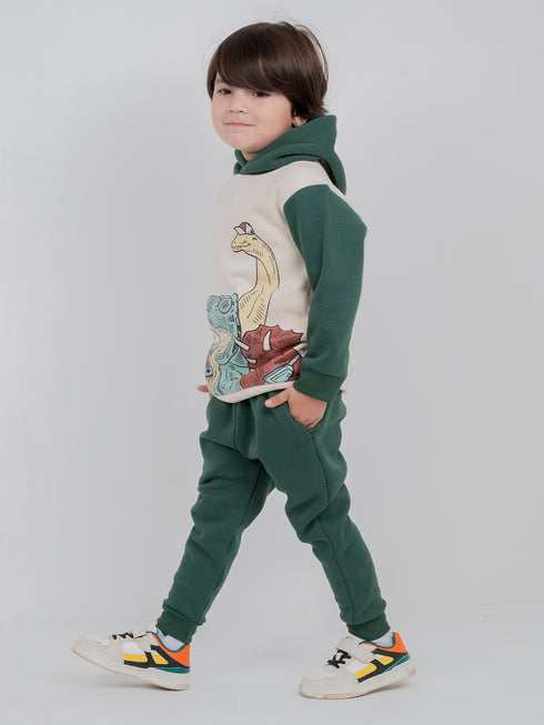 Hooded Dino Selfie Fleece Suit (Cream/Dark Green)