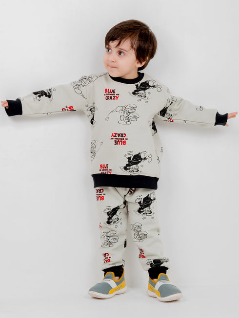 Smurfs Allover Printed Fleece Suit (Off-white/Black)