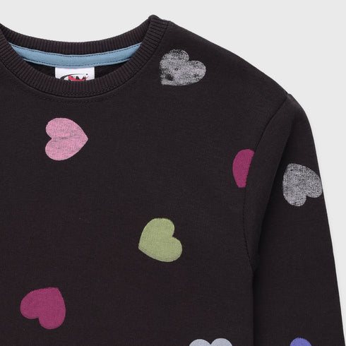 Hearts Printed Fleece Sweatshirt (Black)