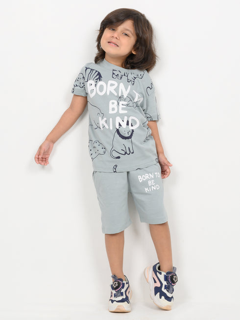 Born To Be Kind Cotton Short Set (Blue Grey)