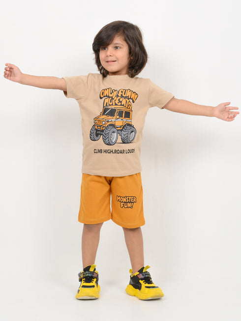 The Monster Fun Cotton Short Set (Beige & Mustard Yellow)
