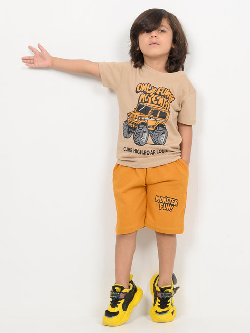 The Monster Fun Cotton Short Set (Beige & Mustard Yellow)