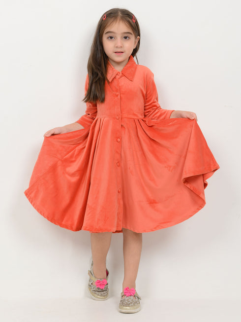 Imported Velour Princess Frock (Vibrant Peach)