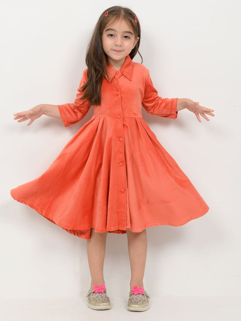 Imported Velour Princess Frock (Vibrant Peach)