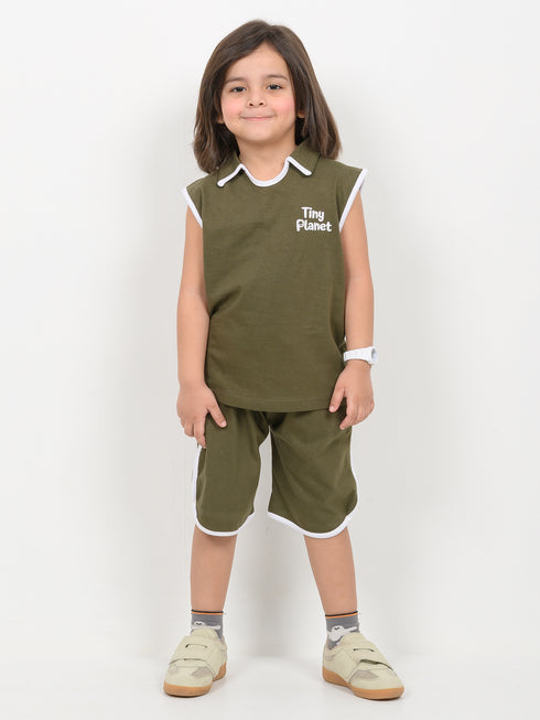 Embroidered Sleeveless Short Set (Dark Green)