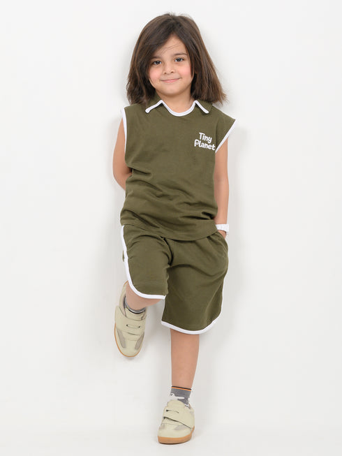 Embroidered Sleeveless Short Set (Dark Green)