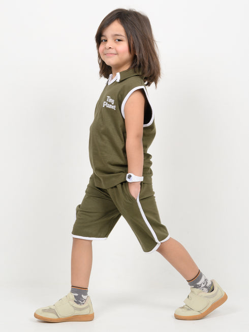 Embroidered Sleeveless Short Set (Dark Green)