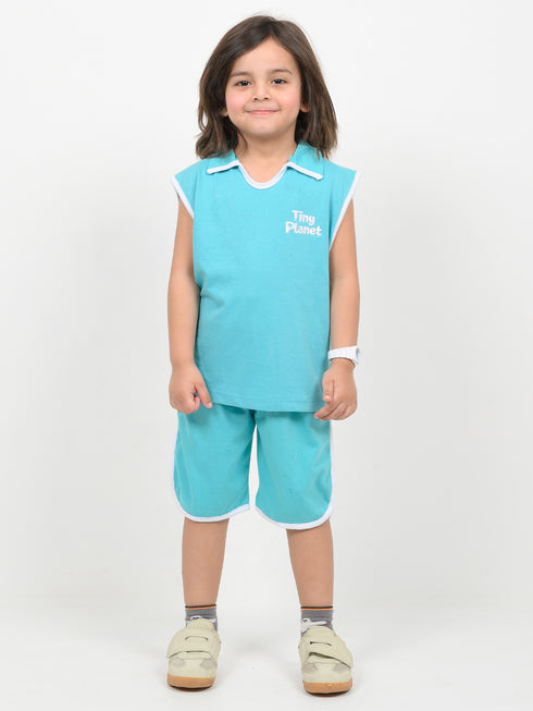 Embroidered Sleeveless Short Set (Turquoise Blue)