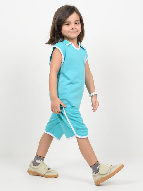 Embroidered Sleeveless Short Set (Turquoise Blue)