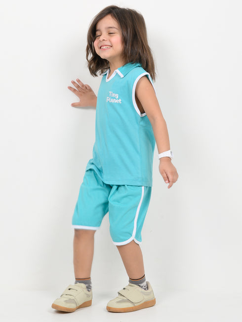 Embroidered Sleeveless Short Set (Turquoise Blue)