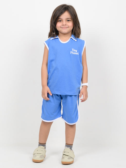 Embroidered Sleeveless Short Set (Aqua Blue)