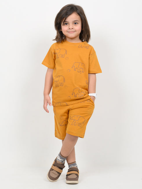 Elephant Themed Cotton Short Set (Mustard Yellow)