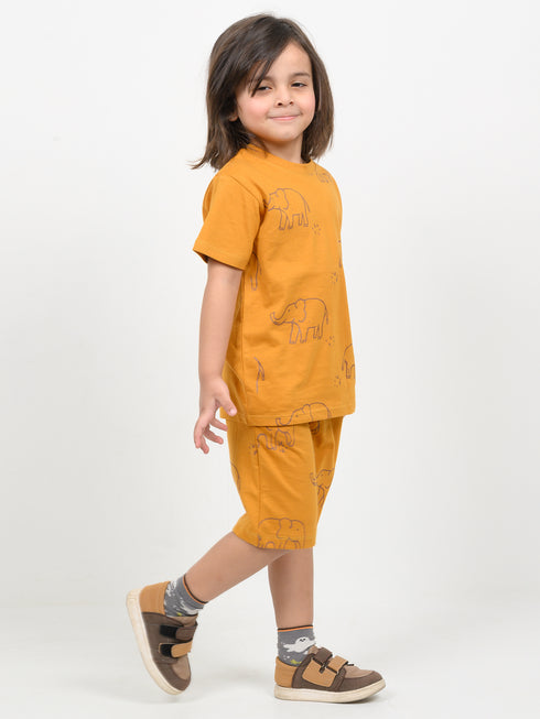 Elephant Themed Cotton Short Set (Mustard Yellow)