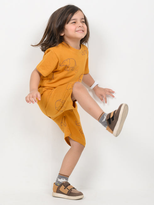 Elephant Themed Cotton Short Set (Mustard Yellow)