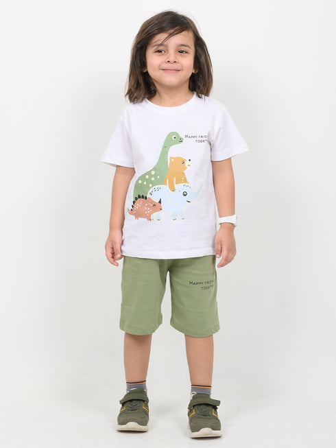 Happy Friends Cotton Short Set (White & Green)
